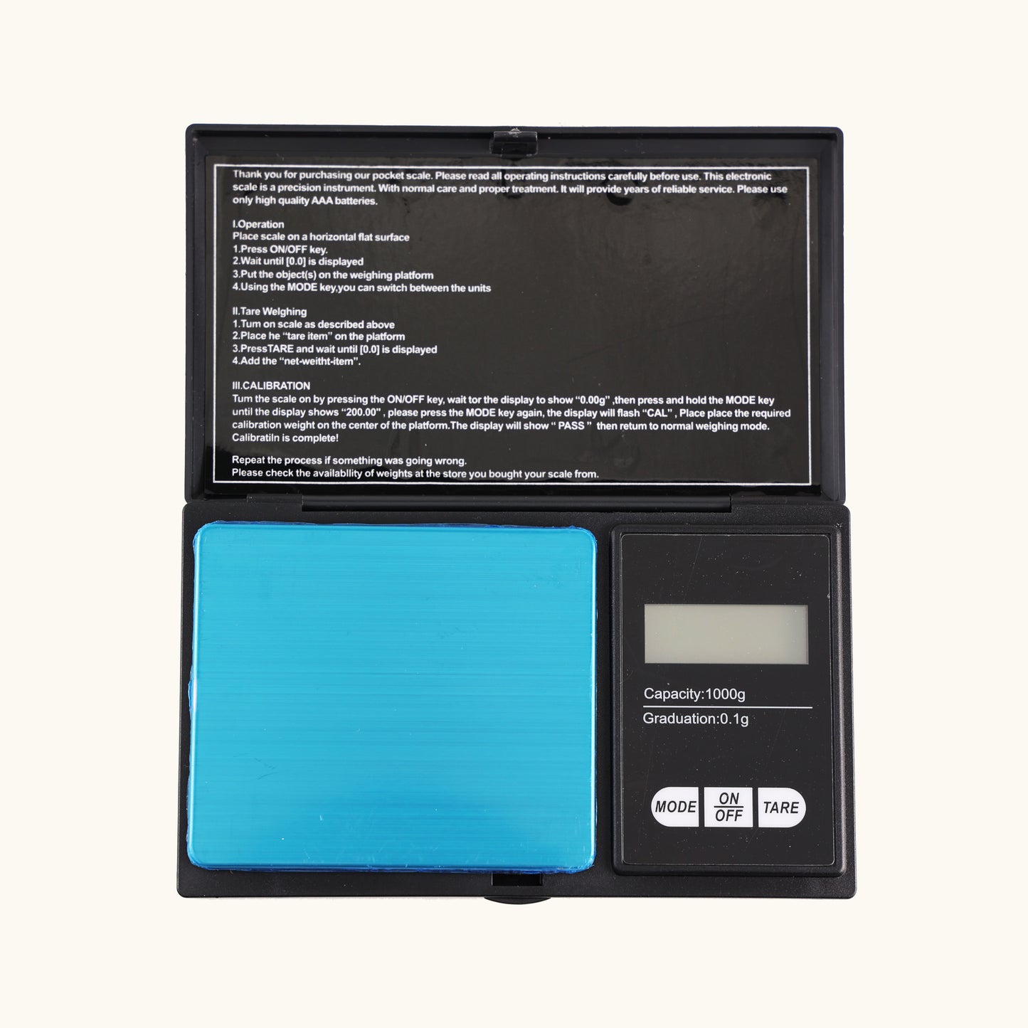 ميزان رقمي محمول بسعة 1000 جرام ودقة 0.1 جرام، تصميم صغير وخفيف الوزن مع شاشة رقمية وأزرار للتحكم، مثالي للوزن الدقيق.