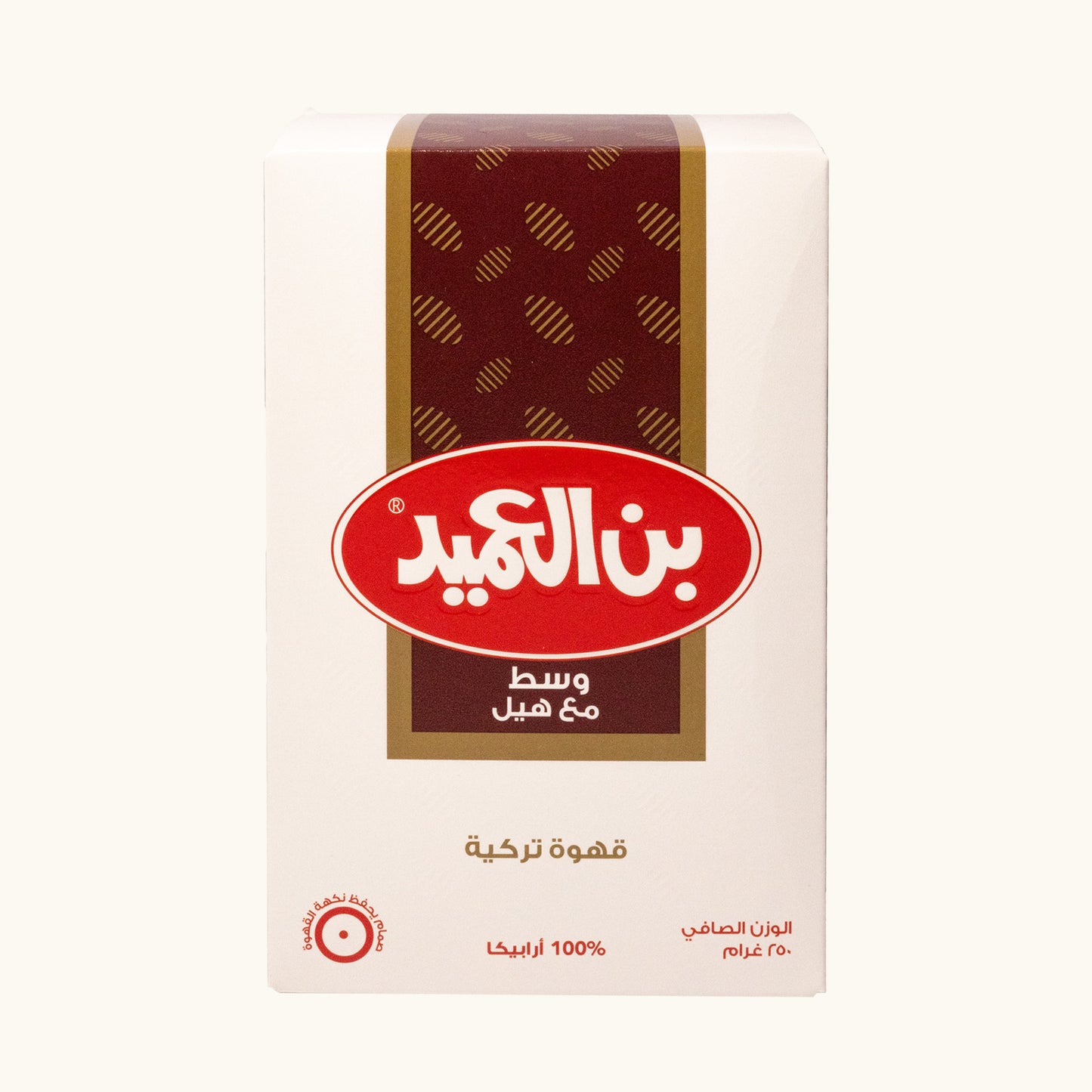 عبوة قهوة تركية العميد متوسطة التحميص مع الهيل، مصنوعة من 100٪ حبوب أرابيكا بوزن 250 جرام.