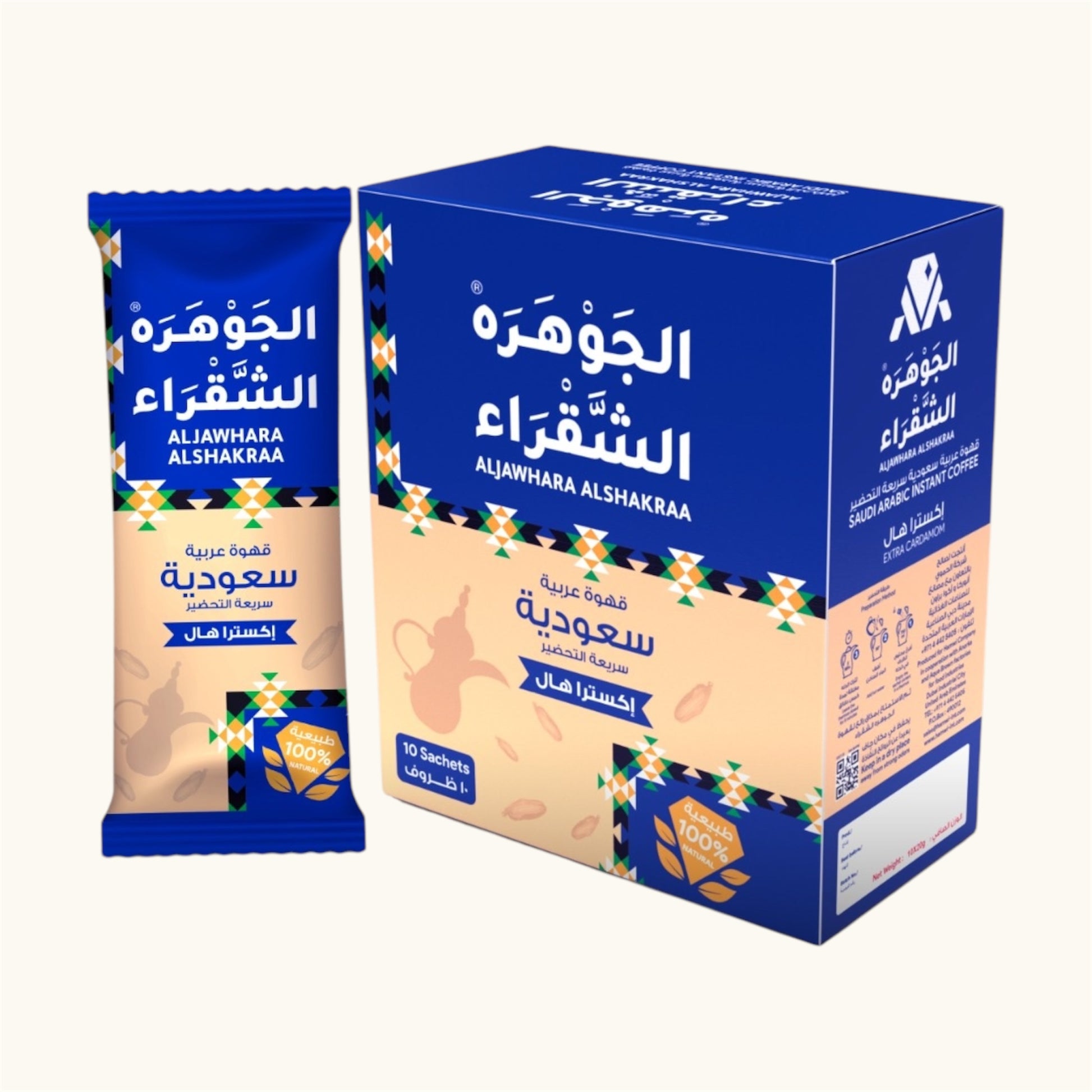 عبوة قهوة الجوهرة الشقراء سريعة التحضير، مزيج خاص، بتصميم باللون الأحمر مع زخارف تقليدية، تحتوي على 10 عبوات للقهوة العربية الفورية.