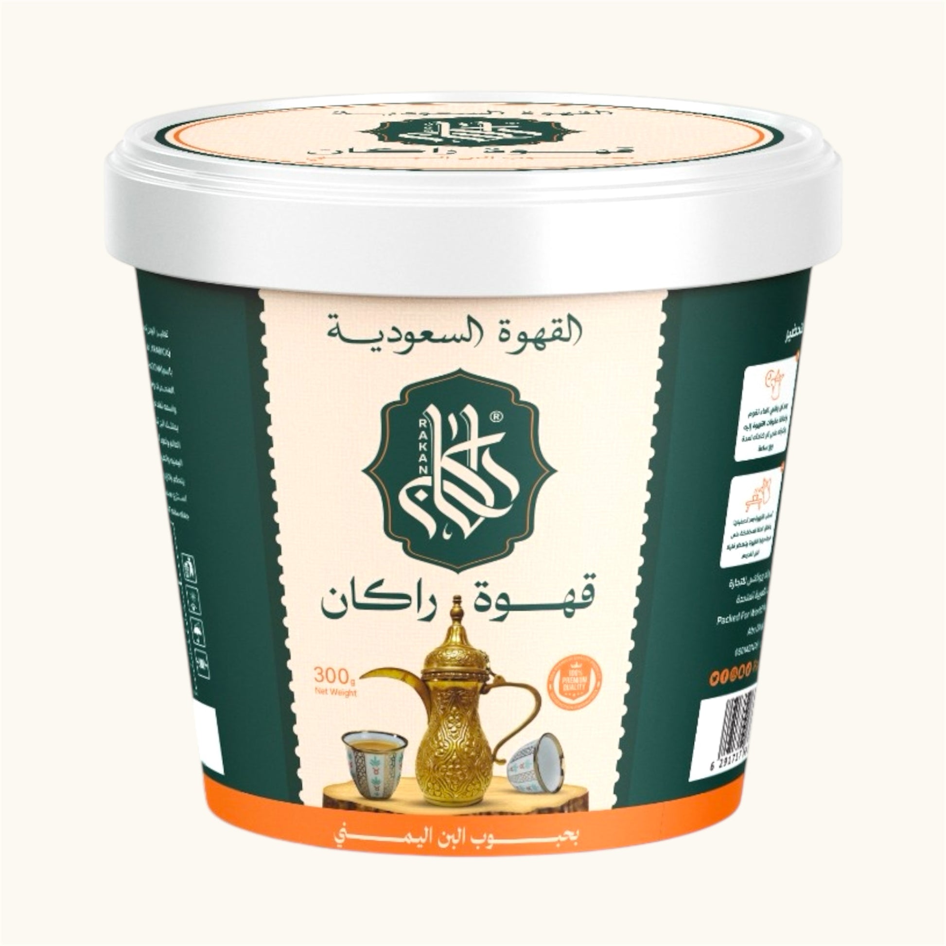عبوة قهوة راكان السعودية بوزن 300 جرام، مصنوعة من بن يمني فاخر محمص وممزوجة بخلطة سعودية مميزة، مثالية لعشاق القهوة العربية.