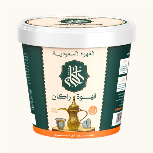 عبوة قهوة راكان السعودية بوزن 300 جرام، مصنوعة من بن يمني فاخر محمص وممزوجة بخلطة سعودية مميزة، مثالية لعشاق القهوة العربية.